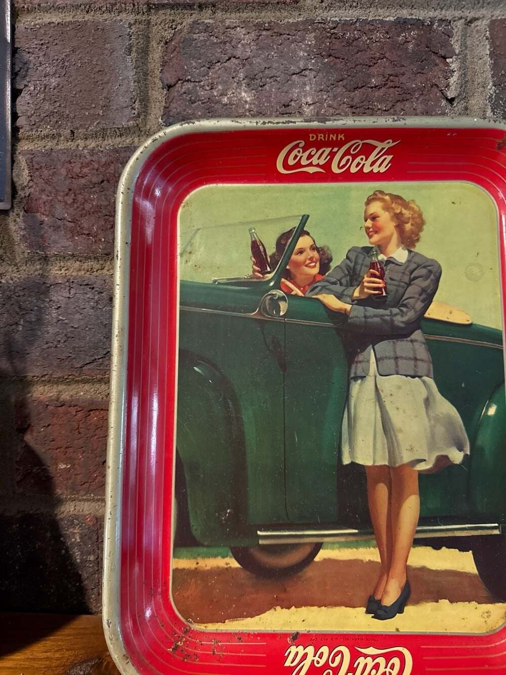 Vintage 1942 Original Coca-Cola Metal Serving Tray Two Girls and Roadster - Picture 2 of 7